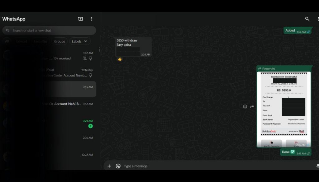 Exchange withdrawal confirmation via WhatsApp dealer,Alflah receipt payment proof .