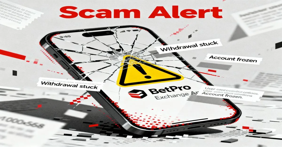 BetPro login scam alert image showing BetPro Exchange app with withdrawal stuck and account frozen warning.webp